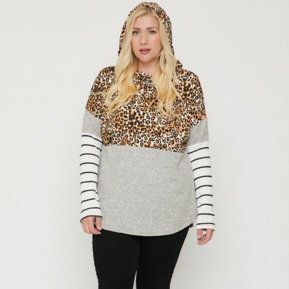 Plus Size Color Block Hoodie Featuring A Cheetah Print - Picture 4 of 6